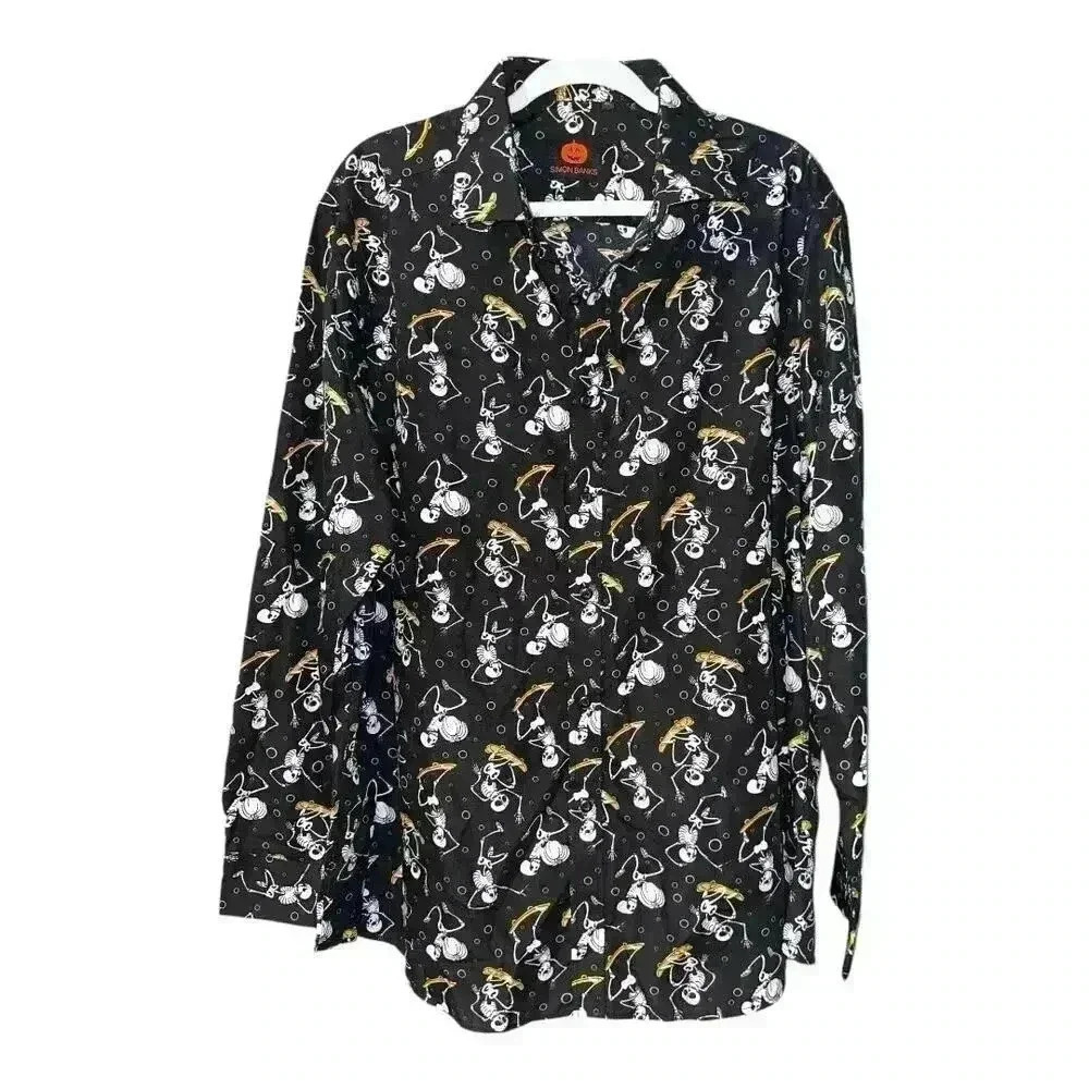 Simon Banks Mens Halloween Skeleton Button‎ Down Shirt, XL